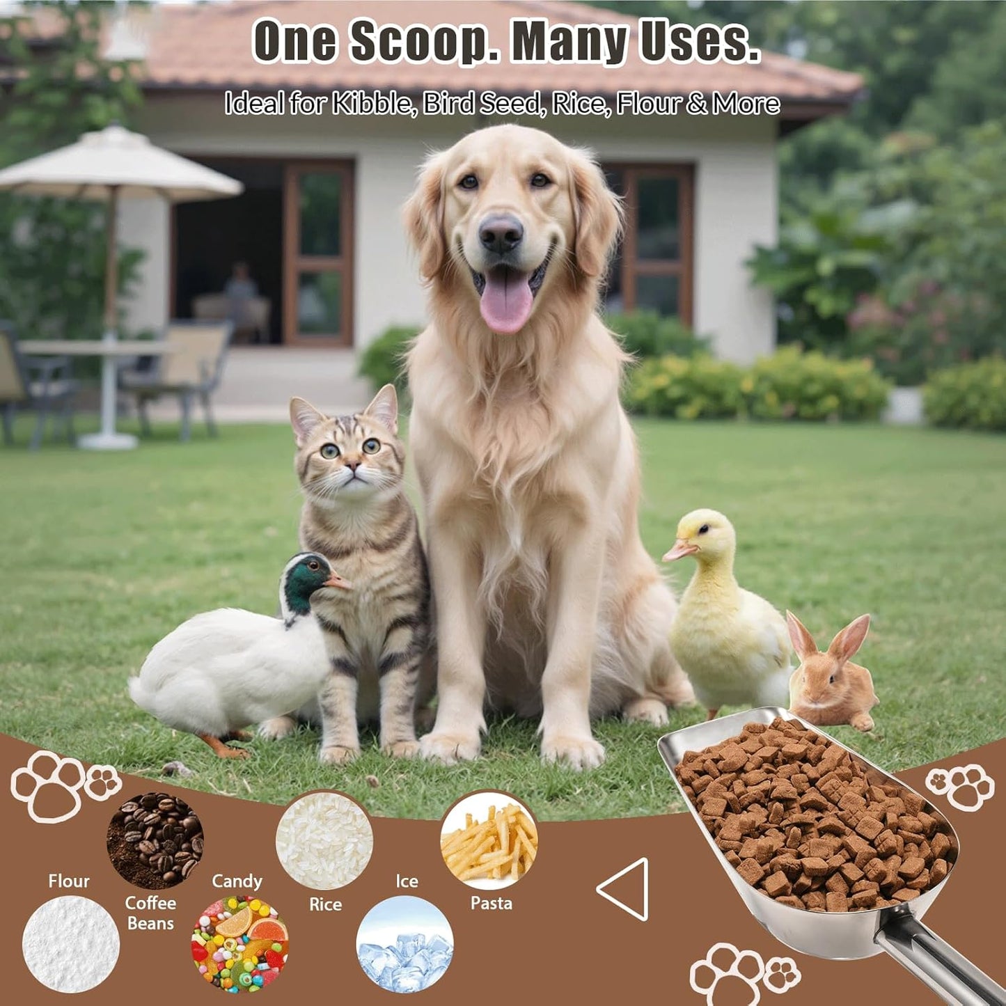 Pet cat-dog food-scoop measuring 1-cup - Food-grade 304 stainless steel material | 1-Cup capacity | Precision scale measurements