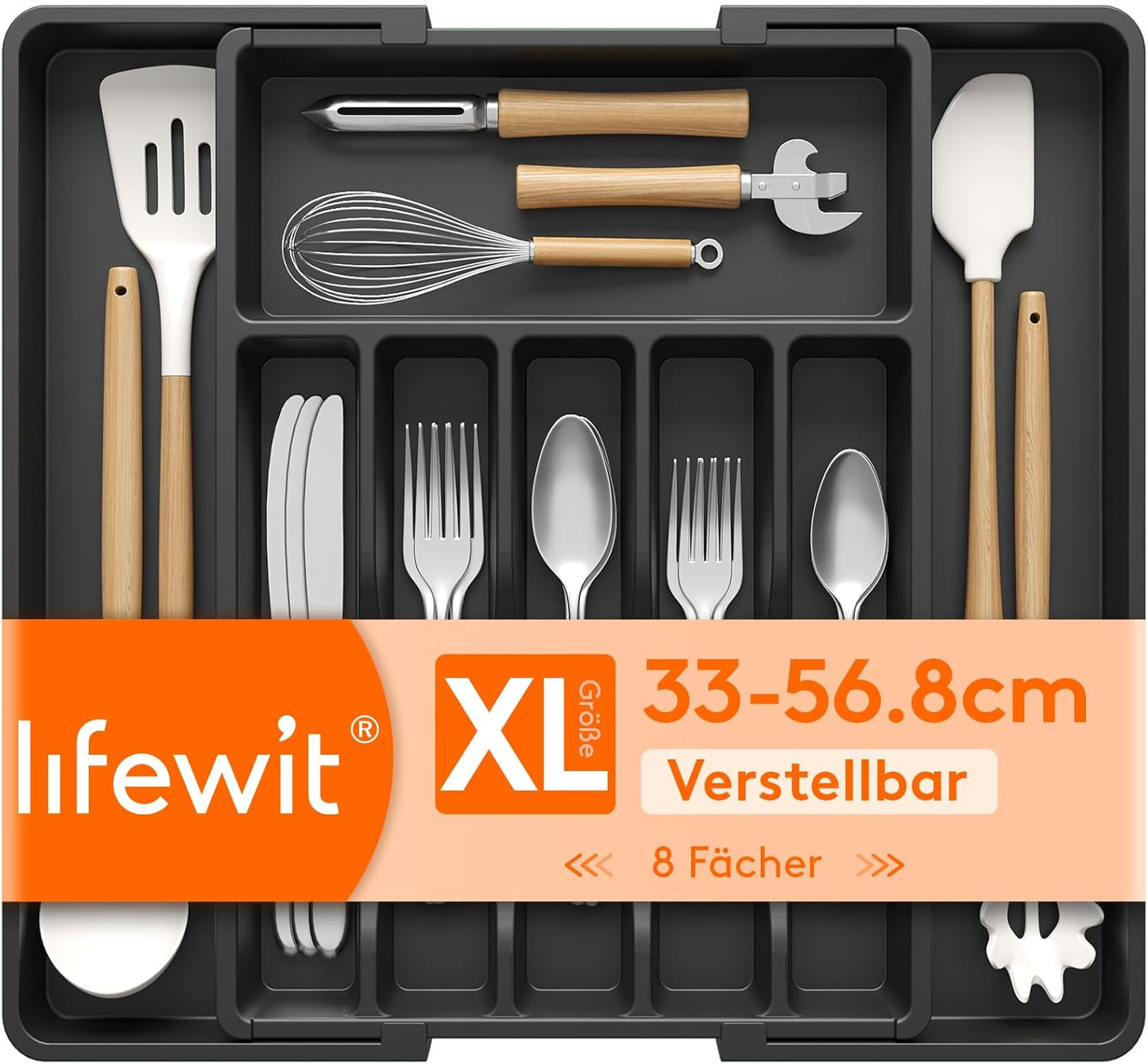 Lifewit Silverware Drawer Organizer, Expandable Utensil Tray for Kitchen, BPA Free Flatware and Cutlery Holder, Adjustable Plastic Storage for Spoons Forks Knives, 11-18 x 14", Black