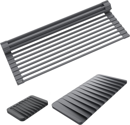Kraus Multipurpose Over-Sink Roll-Up Dish Drying Rack, Colander and Trivet in Dark Grey, KRM-10DG