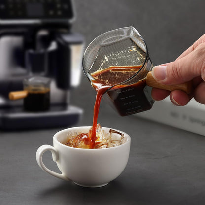 Espresso Cups 6 OZ, V-Shaped Spouts Cups, Espresso Shot Glasses with Wood Handle, Ribbed Milk Measuring Cup