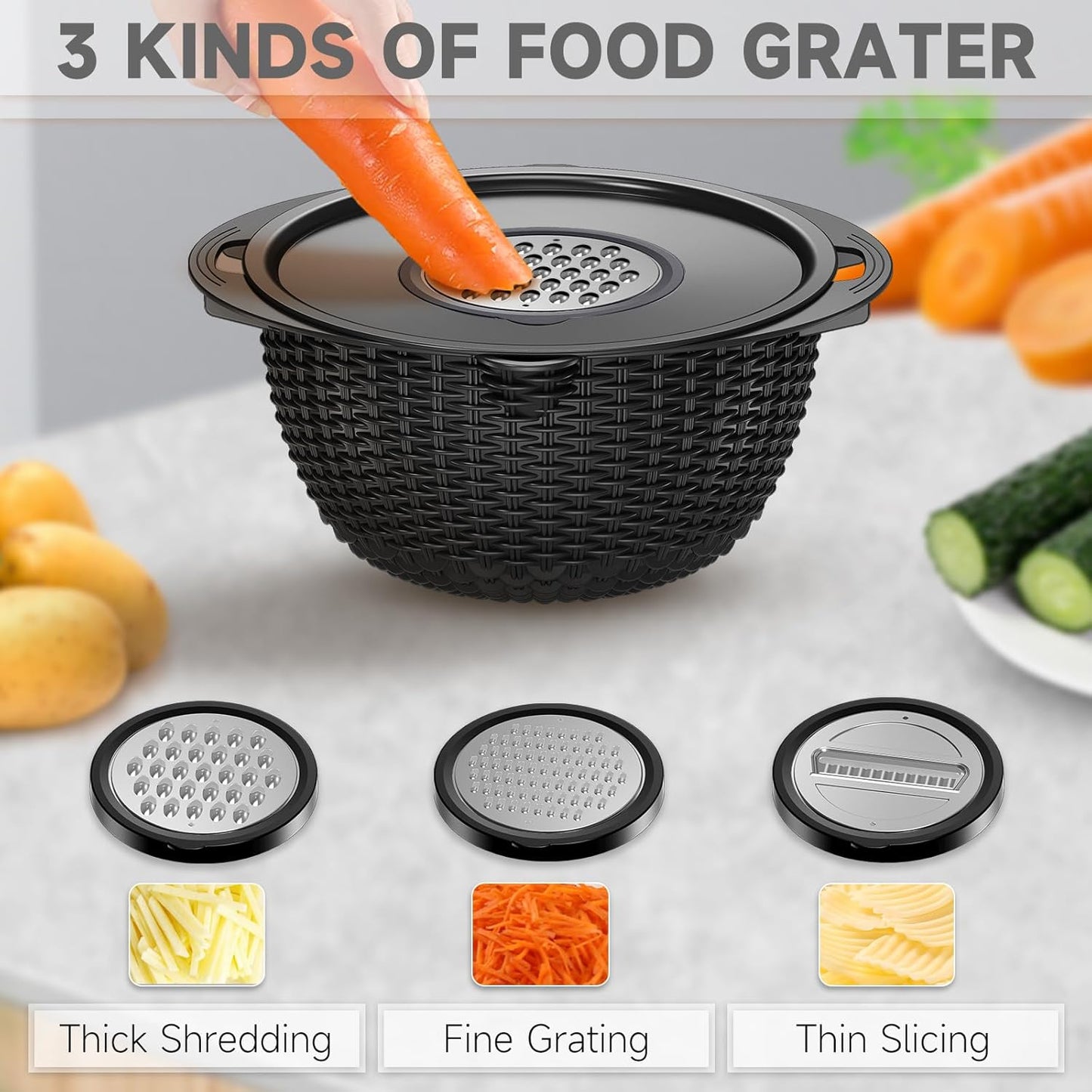 4-1 Colander with Bowl Set - Pasta Strainer - Colander for Kitchen - Strainers and Colanders Rice Strainer Fruit Cleaner Veggie Wash Sink Strainer Kitchen Essentials - Black