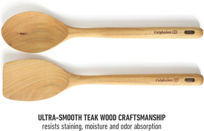 Calphalon Prime 7 Piece Silicone and Teak Wood Kitchen Tool & Gadget Set with Navy Blue Silicone Rim, Durable Heat Resistant Cooking Utensil Set for Stirring, Flipping, Serving