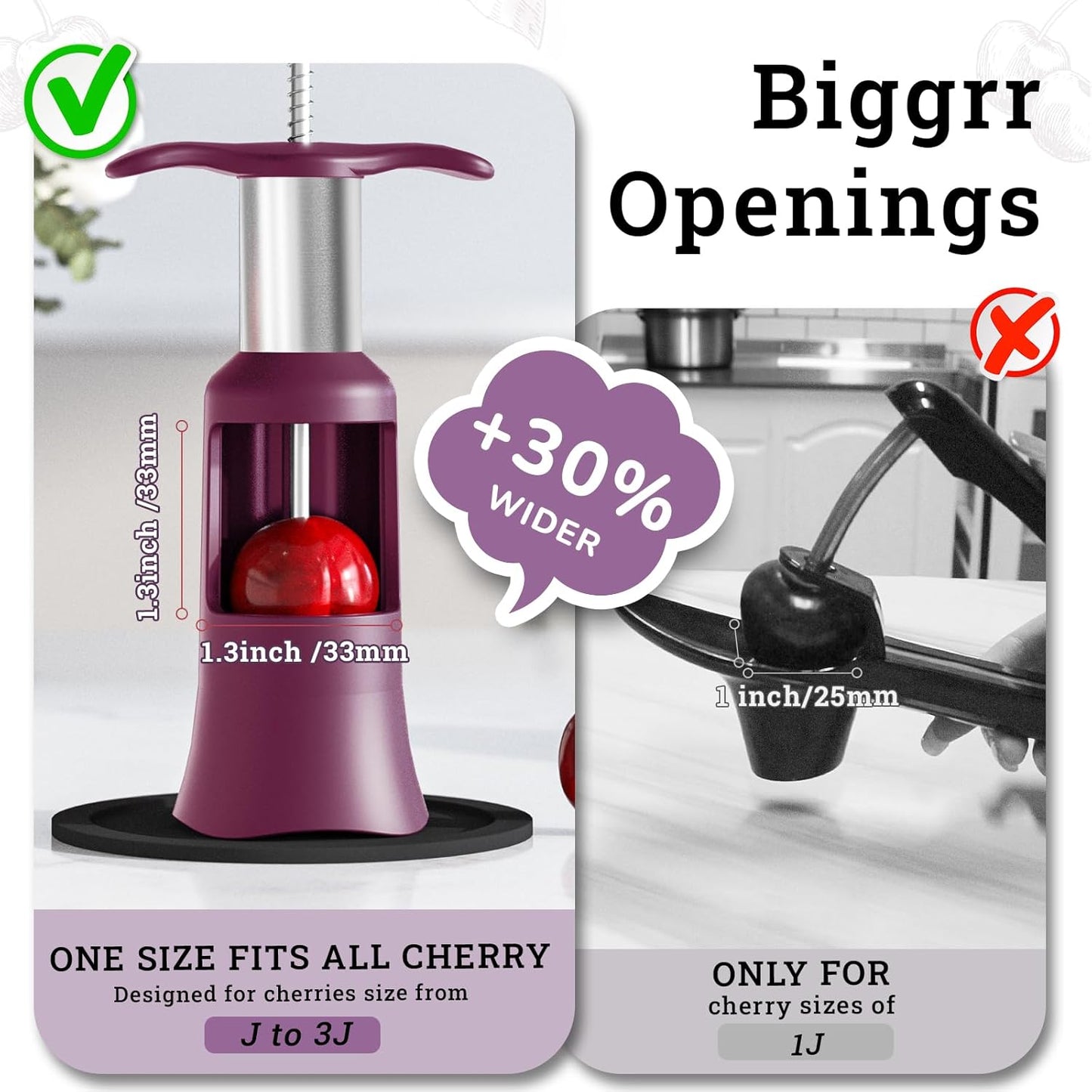 2 in 1 Cherry Pitter Remover Tool, Premium Quick Release Cherry Pitter, Press & Push Type, Large 33mm Cherry Seed Remover, Durable, Food Grade Stainless Steel & PP Plastic