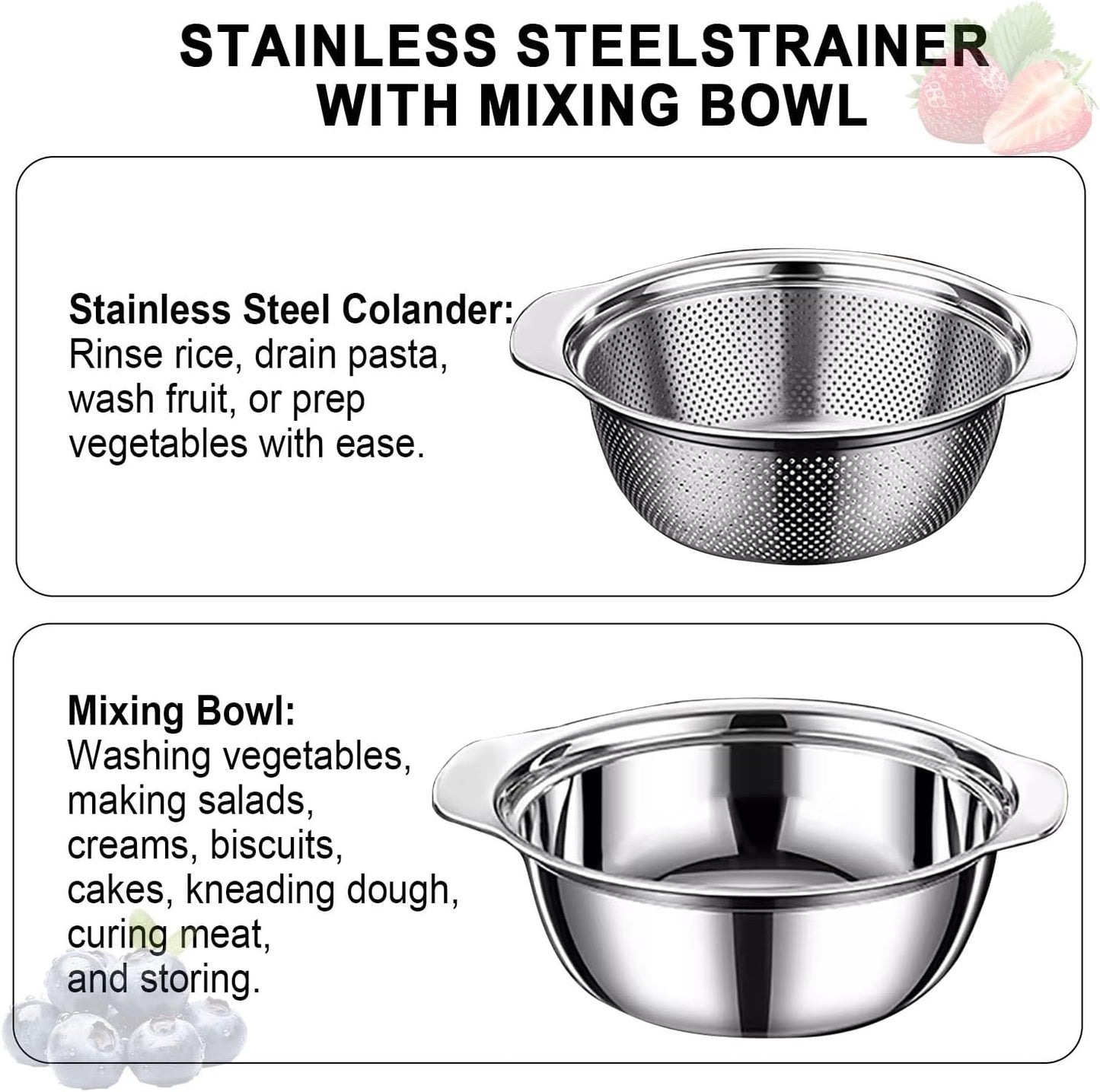 Colander for Kitchen, 1.5 QT 18/8 Stainless Steel Colander, Stainless Steel Strainer with Mixing Bowl, Rice Strainer with Handle for Washing Vegetables, Fruit, Rice, and Pasta (2 PC)