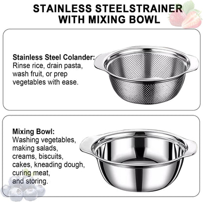 Colander for Kitchen, 1.5 QT 18/8 Stainless Steel Colander, Stainless Steel Strainer with Mixing Bowl, Rice Strainer with Handle for Washing Vegetables, Fruit, Rice, and Pasta (2 PC)
