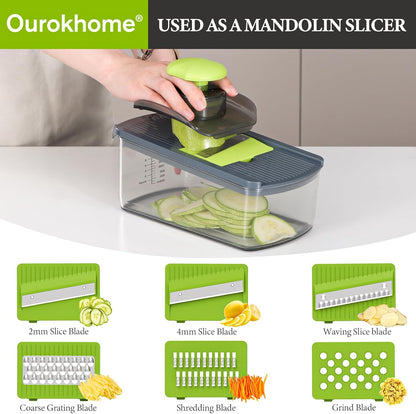 Ourokhome Veggie Chopper and Dicer with Container, Manual Hand Food Mandolin Slicer with 4 in 1 Handheld Vegetable Spiralizer for Zucchini, Potato, Onion, Essential Kitchen Gadgets (12 in 1, Gray)