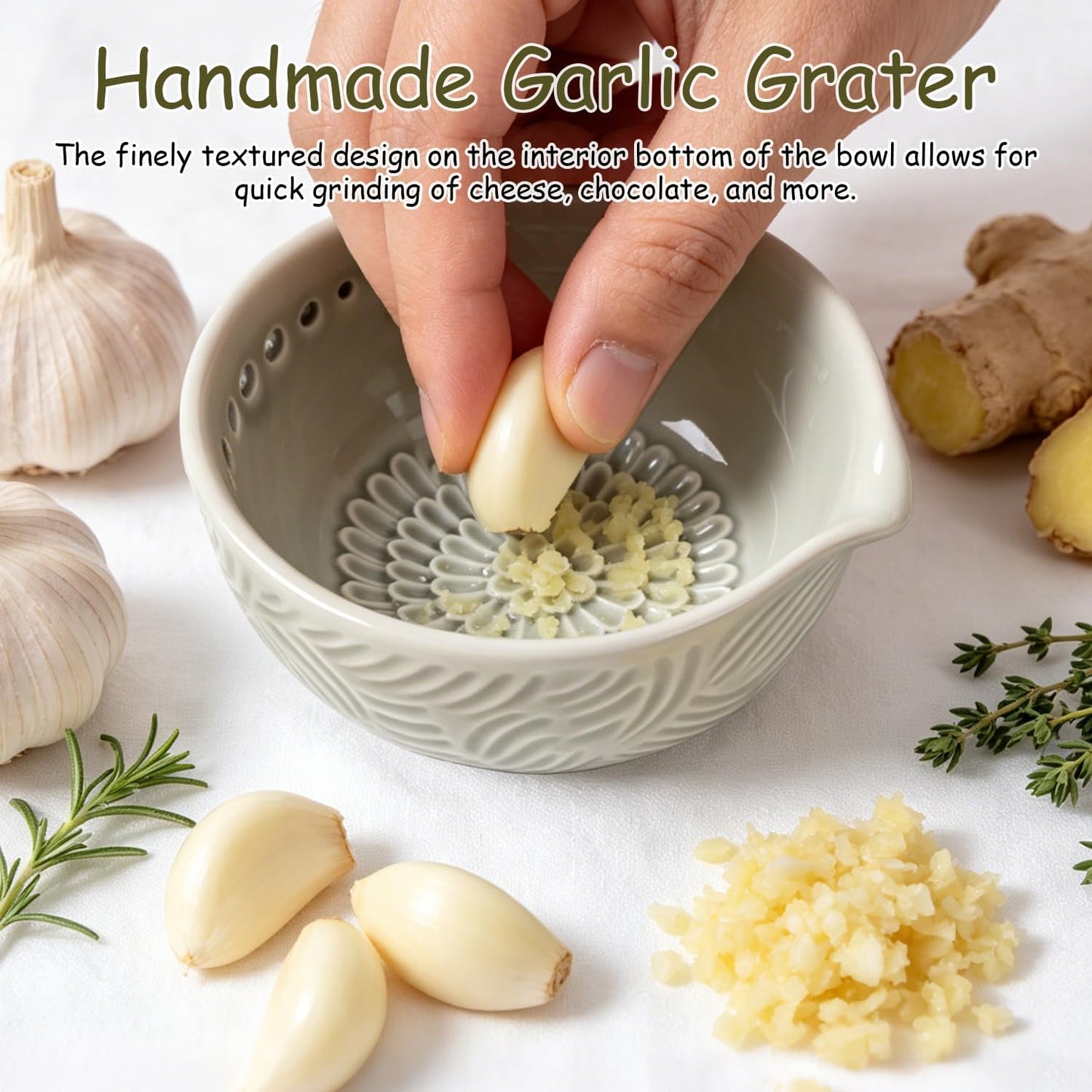 Grater Plate, 3 in 1 Ceramic Ginger Grater Bowl with Herb Stripper – Handmade Multi-Functional Kitchen Tool for Garlic, Ginger, Chocolate, Herbs, and Spices (Grey)