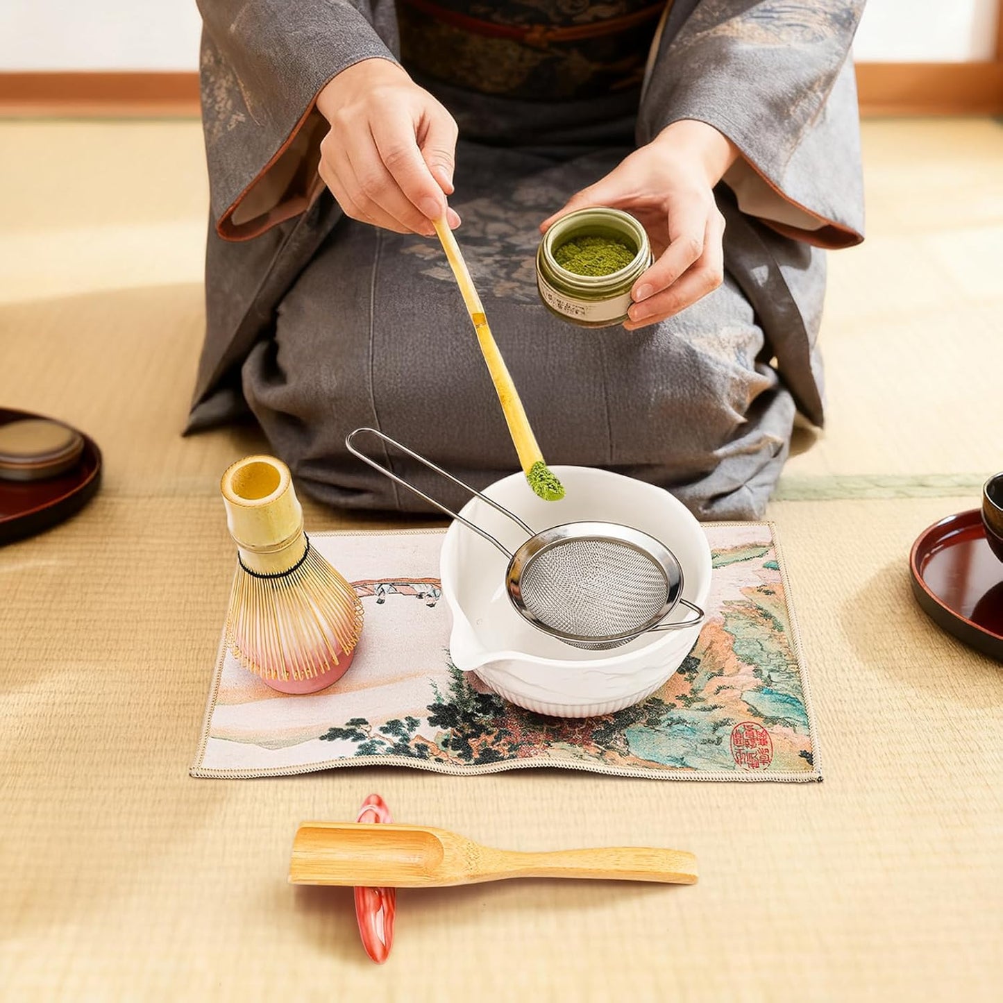 8 Pack Matcha Whisk Set, Japanese Matcha Tea Set, Ceramic Mixing Bowl with Spout, Bamboo Measuring Spoon and Scoop Stand, Towel, Whisk Holder, Stainless Sifter, Gift for Beginner, Tea Ceremony