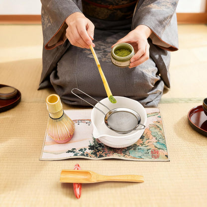 8 Pack Matcha Whisk Set, Japanese Matcha Tea Set, Ceramic Mixing Bowl with Spout, Bamboo Measuring Spoon and Scoop Stand, Towel, Whisk Holder, Stainless Sifter, Gift for Beginner, Tea Ceremony