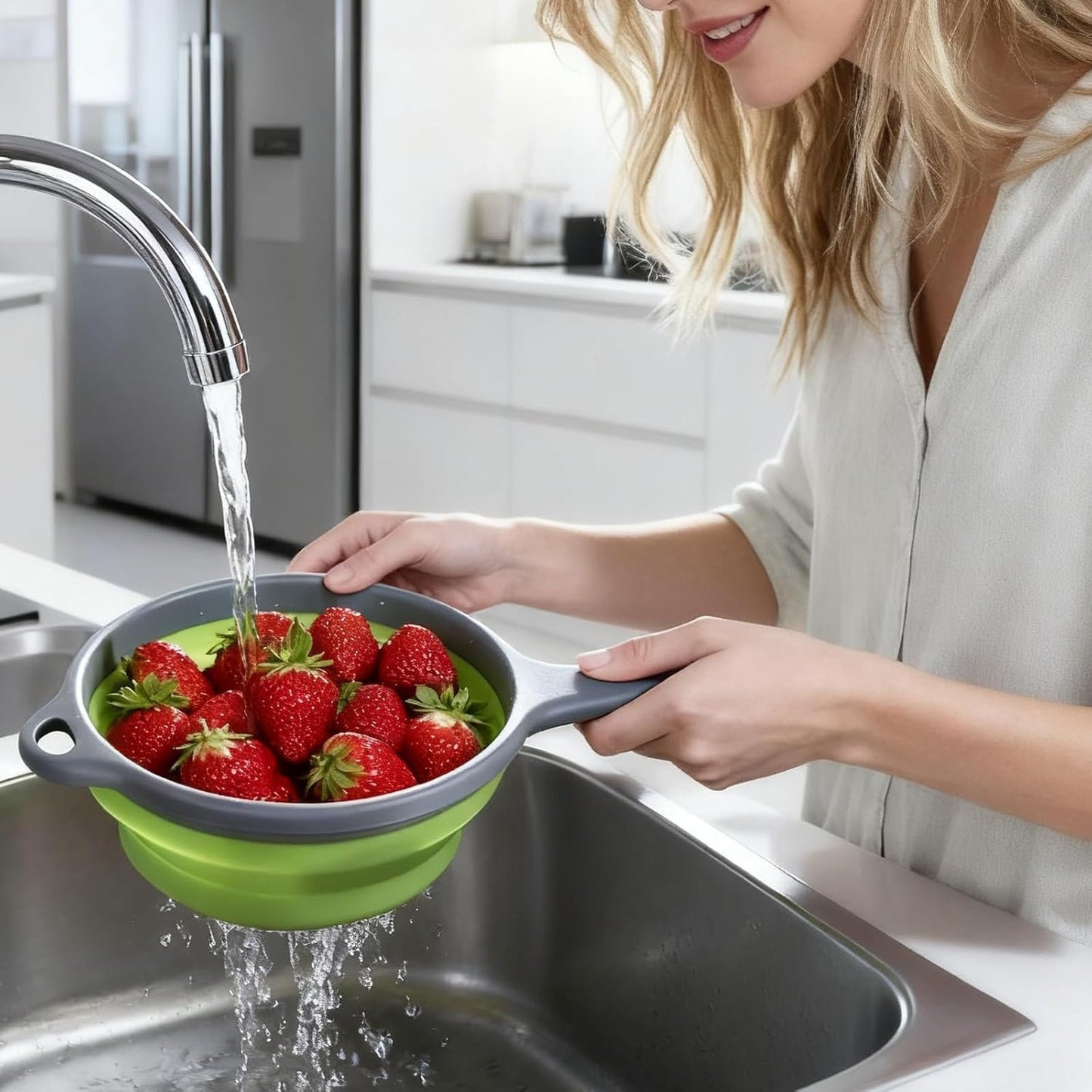 Three-Piece Collapsible Strainer - Made of Silicone with a Plastic Handle, Used for Draining Pasta, Vegetables, and Fruits - Space-Saving Kitchen Straining Basket (green)