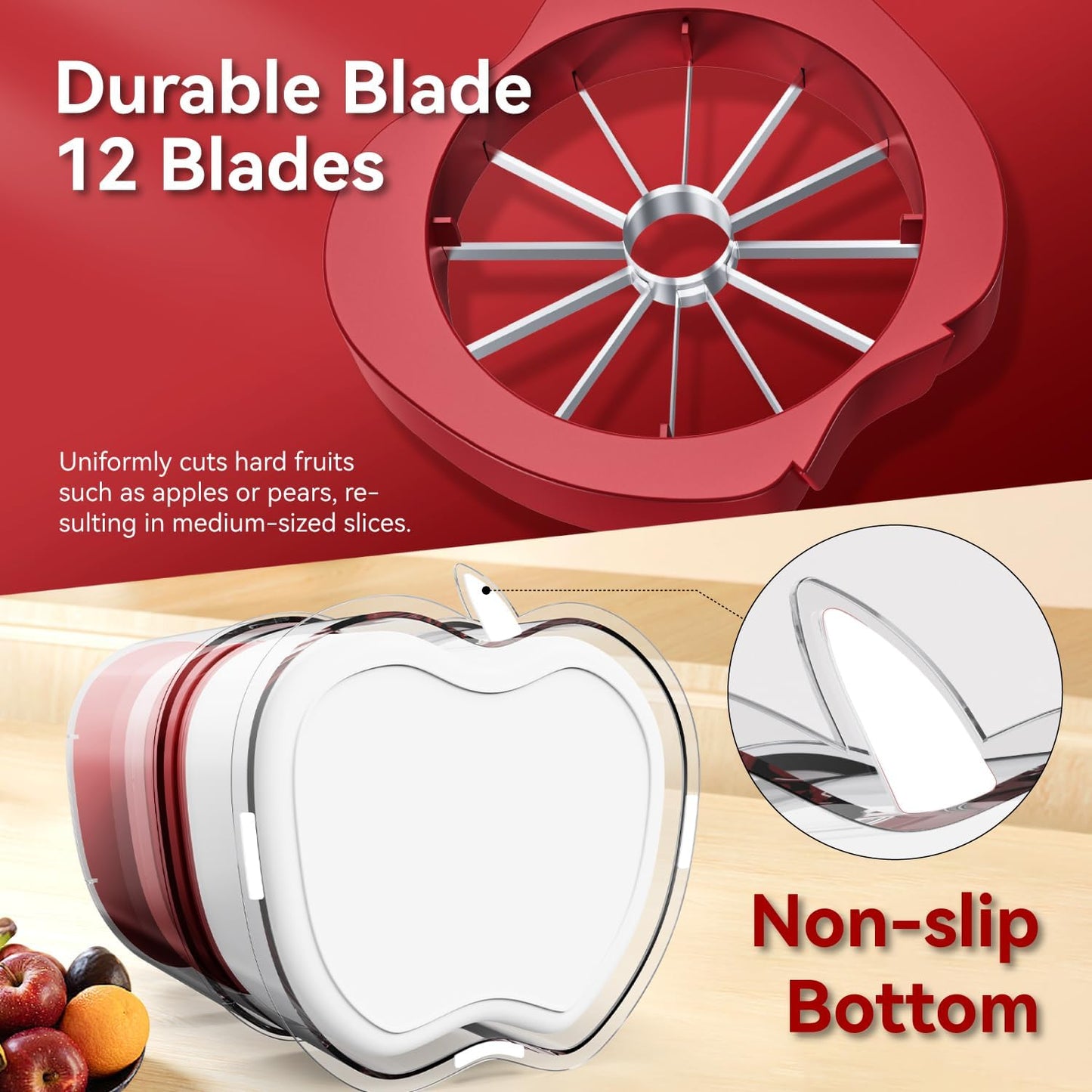 NEW Professional Apple Slicer and Corer 6.42in- Stainless Steel Apple Cutter with 12 Slices, Heavy Duty Design for Large Apples, Thin Slices, Compatible with Pears and Other Fruits（White）