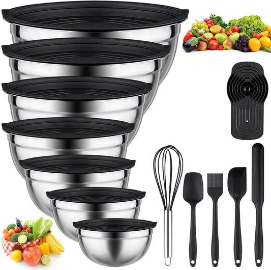Leidawn Mixing Bowls with Lids for Kitchen - 25 PCS Stainless Steel Nesting Colorful Mixing Bowls Set for Baking,Mixing,Serving & Prepping,Size 5, 3.7, 2.8, 2.3, 1.7, 1.1, 0.7QT,11 Cooking Utensils