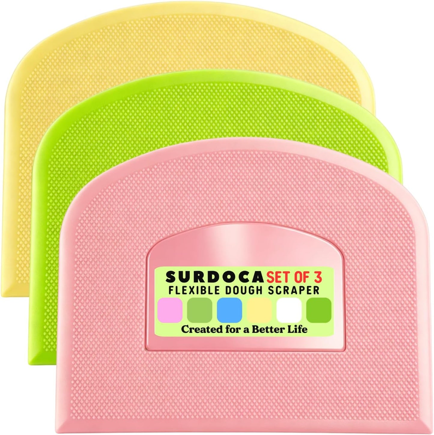SURDOCA Dough Scraper Bench Scraper - 3P 4.7x3.7" Plastic Flexible Bowl Scraper, Sharp Edge & Angles Cake Scraper. Non-Slip Bakeware Decorating Tools Sculpting & Modeling Tools - Green+White+Green - Colors B