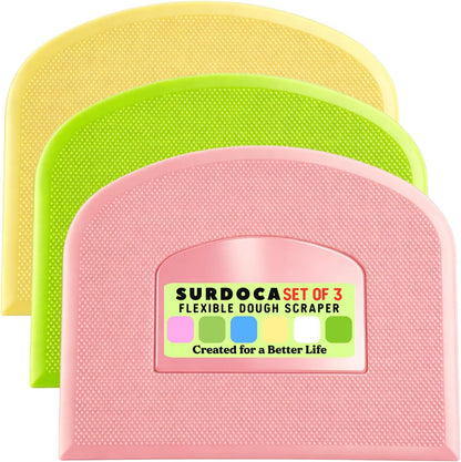 SURDOCA Dough Scraper Bench Scraper - 3P 4.7x3.7" Plastic Flexible Bowl Scraper, Sharp Edge & Angles Cake Scraper. Non-Slip Bakeware Decorating Tools Sculpting & Modeling Tools - Green+White+Green - Colors B