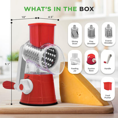 Nutrichef 3 in 1 Cheese Grater & Shredder | Strong Suction Base, Rotary Handle with Safety Lock | Includes Cleaning Brush, Hand Crank & 3 Drum Blades for 3 Textures, Fine, Medium & Strips | Black