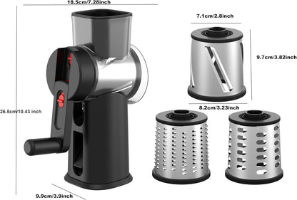 Rotary Cheese Grater Hand Crank with Foldable Handle, 3 Stainless Steel Blades, Perfect Graters for Kitchen, Manual Cheese Shredder Hand Crank with Suction Base, Rotary Grader, (Black)