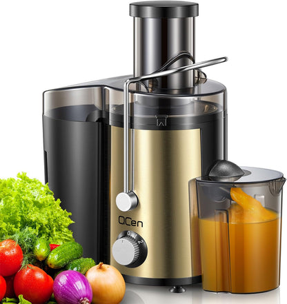 Qcen Juicer Machine, 500W Centrifugal Juicer Extractor with Wide Mouth 3” Feed Chute for Fruit Vegetable, Easy to Clean, Stainless Steel, BPA-free (Black)