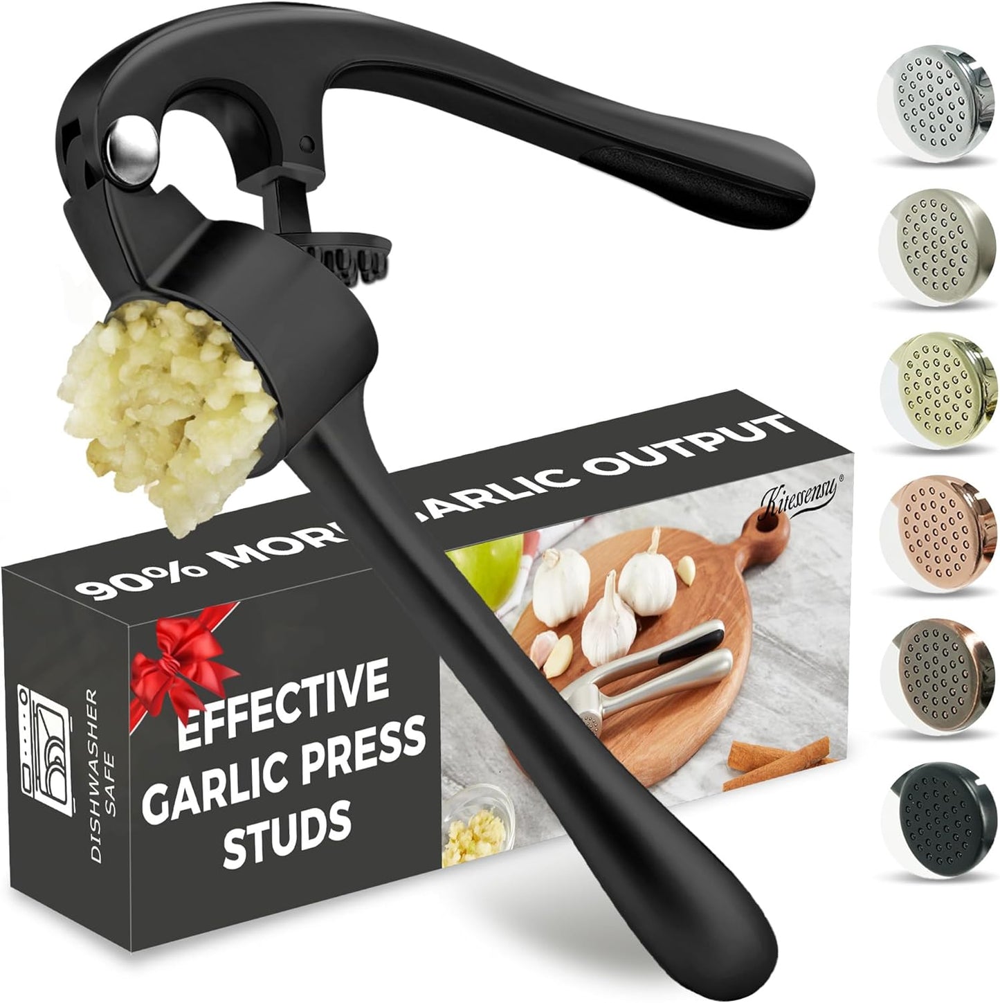 Kitessensu High Effective Garlic Press With Studs, Heavy Duty Garlic Mincer, Easy to Squeeze and Clean, Rust Proof, Ginger Crusher- Imperial Silver