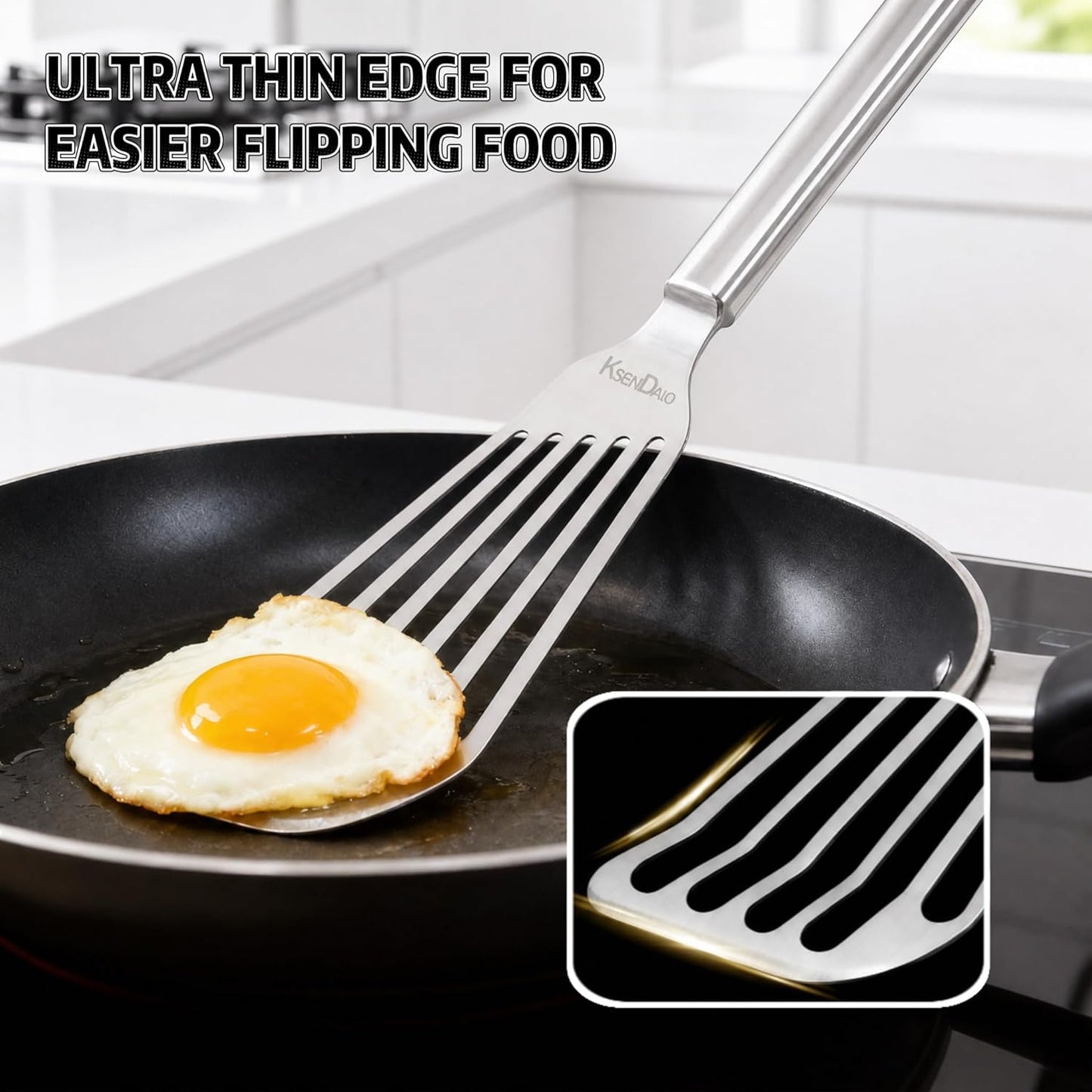 KSENDALO Thin & Sturdy Fish Spatula Stainless Steel for Kitchen Cooking Use Fish Spatula Egg Flipper Bbq Flipper 18/8 Stainless Steel Blade Thin Sturdy One-Piece Style Dishwasher-Safe Tools-Silver