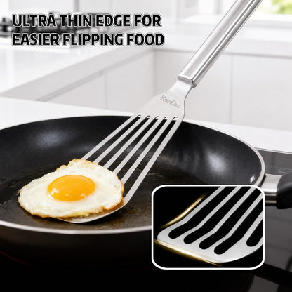 KSENDALO Thin & Sturdy Fish Spatula Stainless Steel for Kitchen Cooking Use Fish Spatula Egg Flipper Bbq Flipper 18/8 Stainless Steel Blade Thin Sturdy One-Piece Style Dishwasher-Safe Tools-Silver
