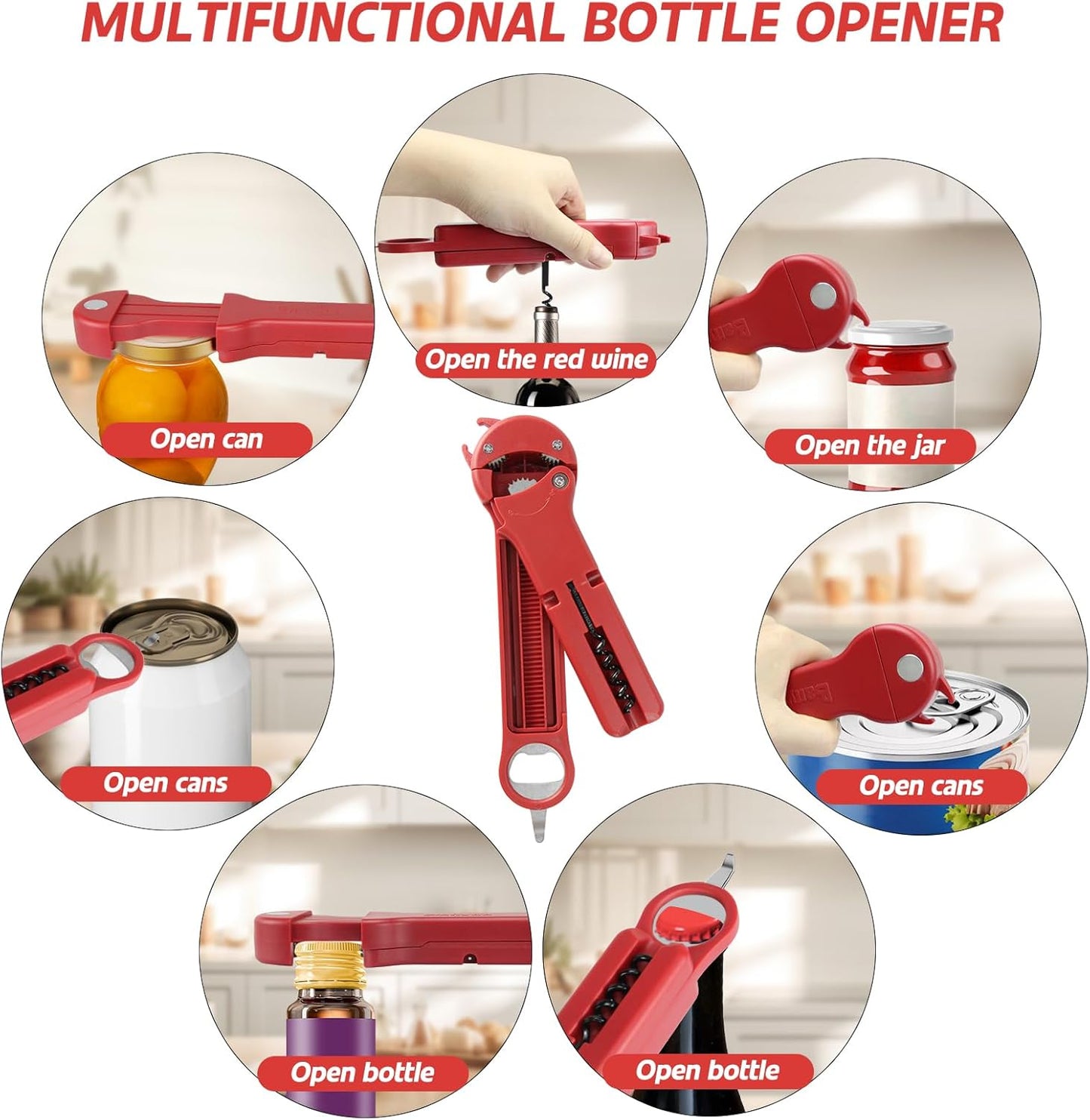 7 in 1 Jar Opener Bottle Opener and Wine Opener for Seniors with Arthritis, Weak Hands, Multi Retractable Magnetic Can Opener, Original Kitchen Lid Opener Tool (Black)