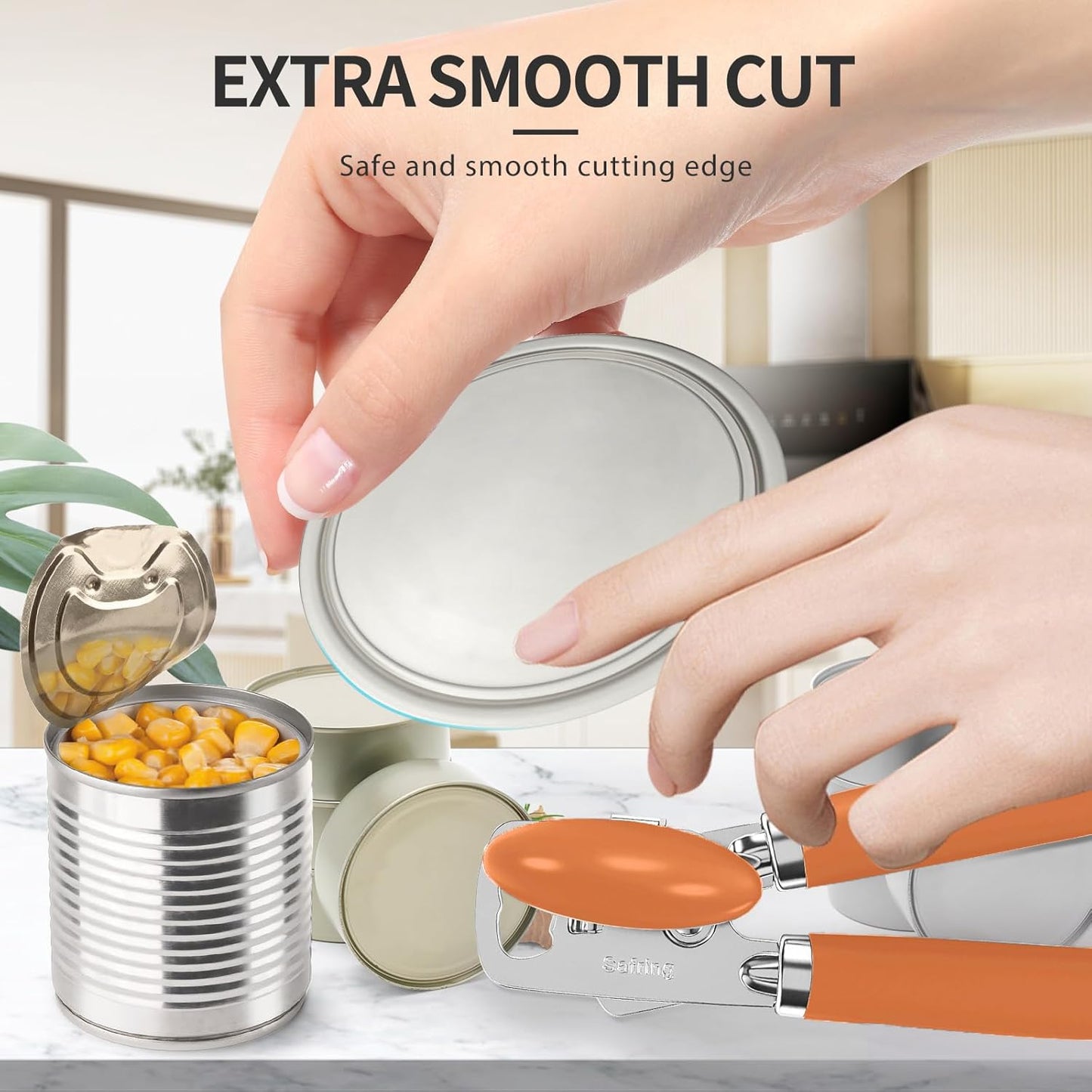 Safring Can Opener Manual, Heavy Duty Stainless Steel Smooth Edge Can Openers With Soft Touch Handle, Oversized Handheld Easy Turn Knob, Multi-Function Bottle Opener, Black