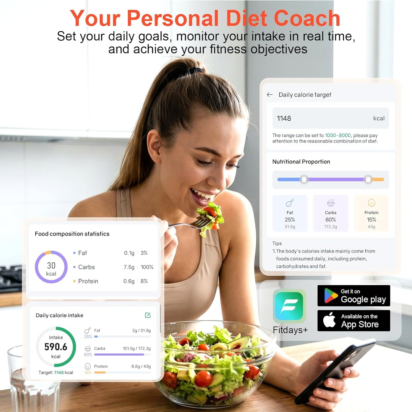 Smart Kitchen Food Scale with Nutritional Calculator, Calorie Fat Carbs Protein Tracker, Free App, Barcode Scan, Food Preload, 23 Nutrients, On-Screen Display, Personal Goals, 11 lb / 5 kg