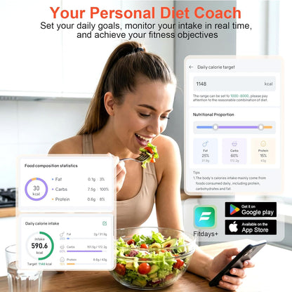 Smart Kitchen Food Scale with Nutritional Calculator, Calorie Fat Carbs Protein Tracker, Free App, Barcode Scan, Food Preload, 23 Nutrients, On-Screen Display, Personal Goals, 11 lb / 5 kg