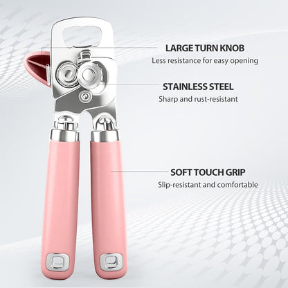 Safring Can Opener Manual, Heavy Duty Stainless Steel Smooth Edge Can Openers With Soft Touch Handle, Oversized Handheld Easy Turn Knob, Multi-Function Bottle Opener, Black