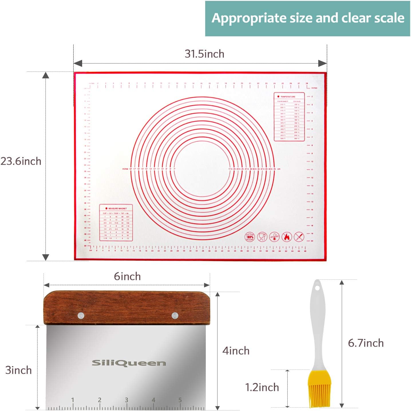 Silicone Pastry Baking Mat with Measurements Extra a Brush and a Dough Scraper- 27.5” x 20” Heat Resistant, BPA Free, Non-Stick Non-Slip Pastry Mat for Rolling Dough, Easy to Clean, Red