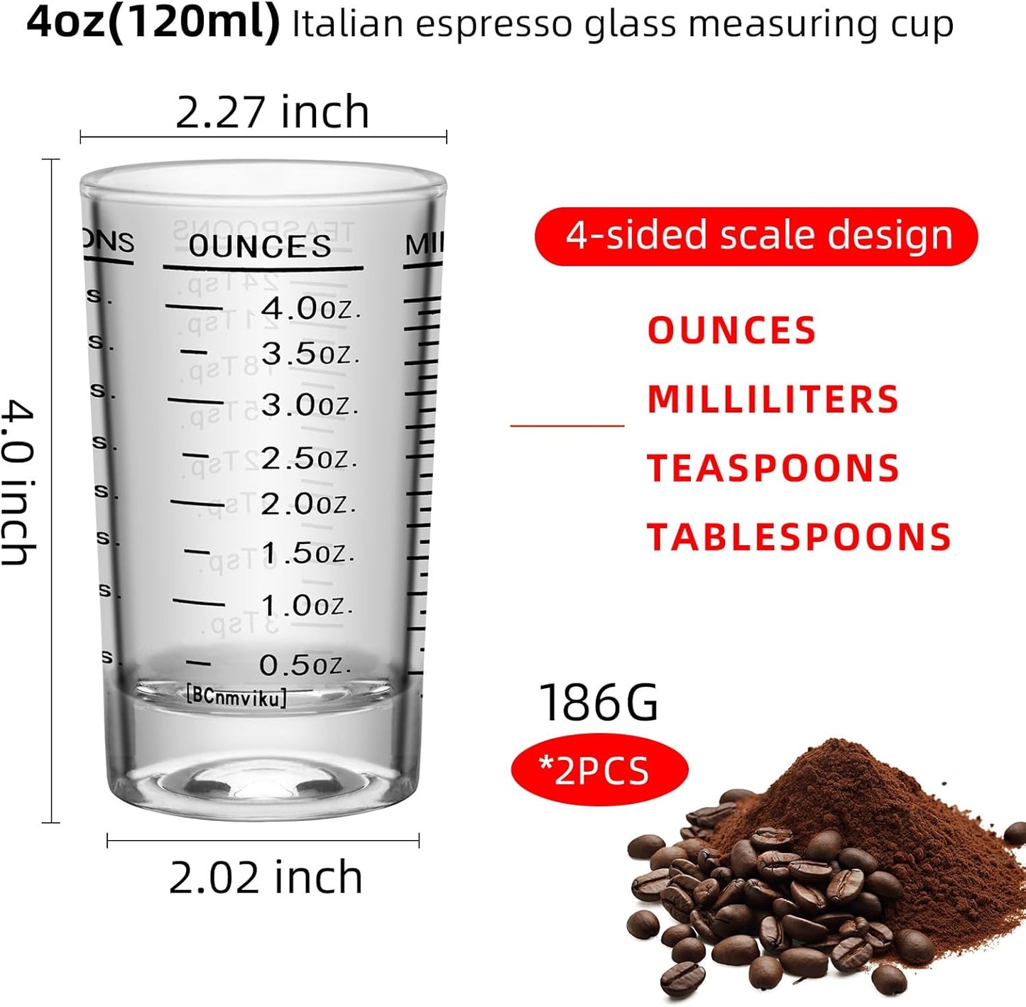 2Pcs Shot Glass Measuring Cup, 4 Ounce Heavy Base Jigger, Espresso Shot Glasses, Liquid Cup, Round Shot Glasses, Small Cups for Vodka, Whiskey, Tequila, Espresso, Liquor (2, Red)