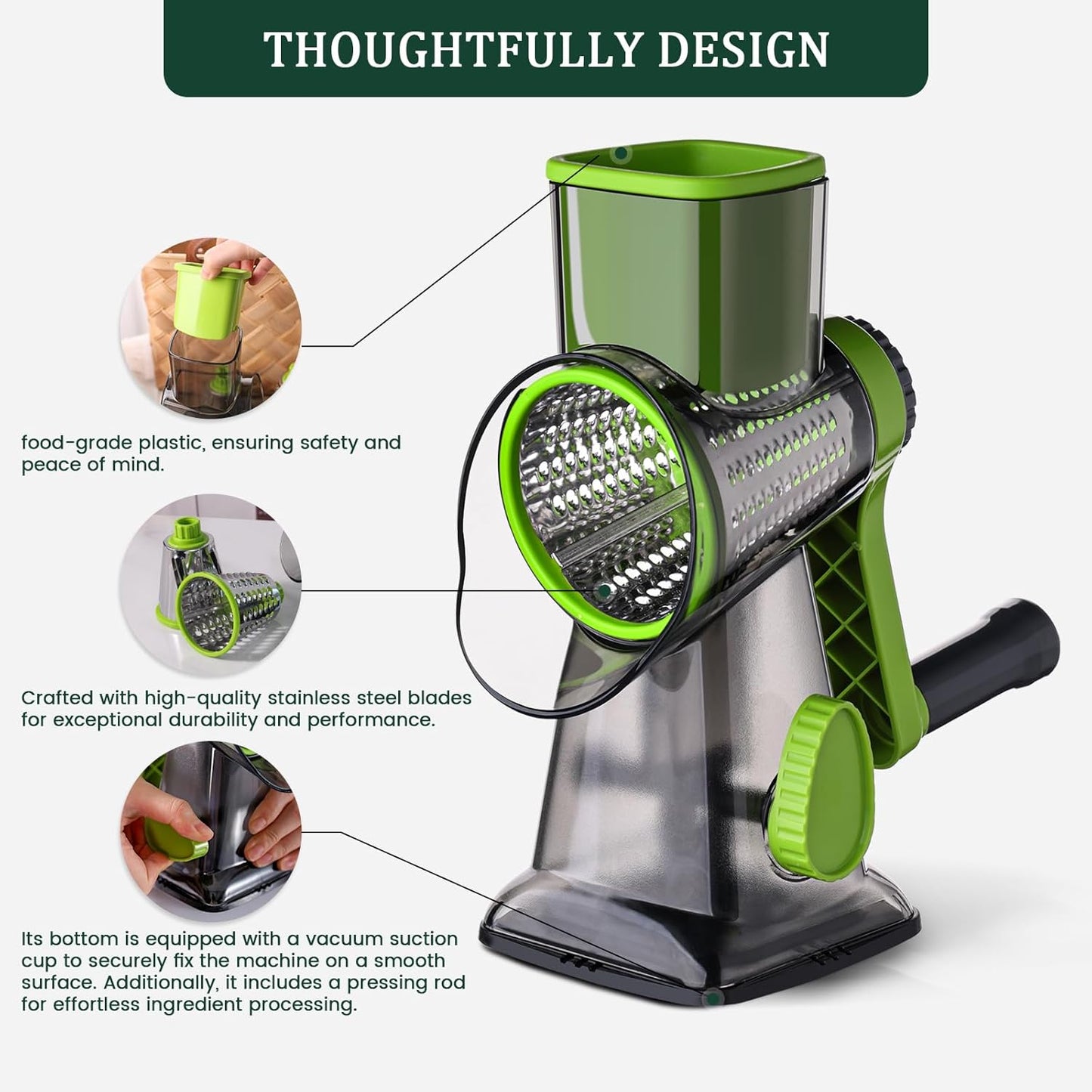 HANSGO Rotary Cheese Grater Hand Crank, Shredder Slicer Grinder, 3 Large Diameter Metal Blades & Cleaning Brush, Non-slip Suction Base, Labor-Saving Handle, Kitchen Gadgets for Cheese, Vegetable, Nuts