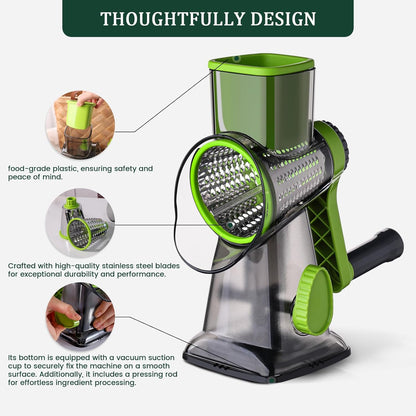 HANSGO Rotary Cheese Grater Hand Crank, Shredder Slicer Grinder, 3 Large Diameter Metal Blades & Cleaning Brush, Non-slip Suction Base, Labor-Saving Handle, Kitchen Gadgets for Cheese, Vegetable, Nuts