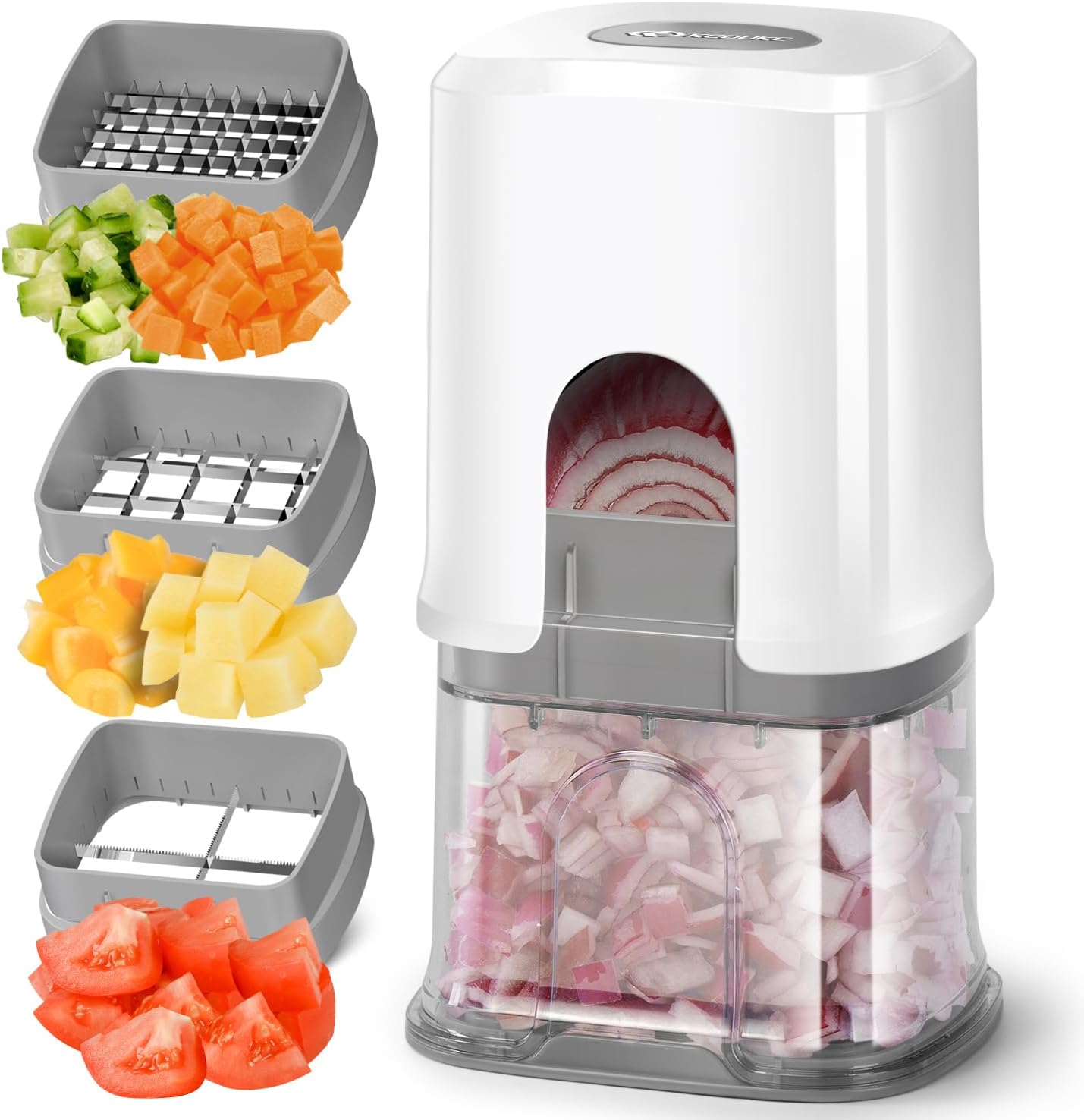 KEOUKE Multifunctional Vegetable Chopper Bowl White - 3 Interchangeable Blades Potato French Fry Cutter with Container & Storage Box Food Chopper Dicer for Cucumber, Tomato, Carrot, Onion