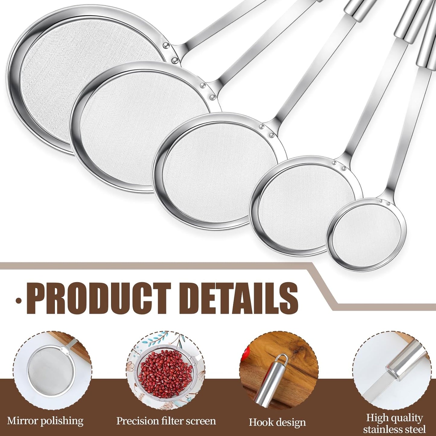 5 Pack Fine Mesh Skimmer Spoon Slotted Spoon Stainless Steel Hot Pot Fat Strainer Metal Food Strainer for Separation of the Floating Foam, Fat, Grease, Kitchen Cooking Mesh Food Strainers