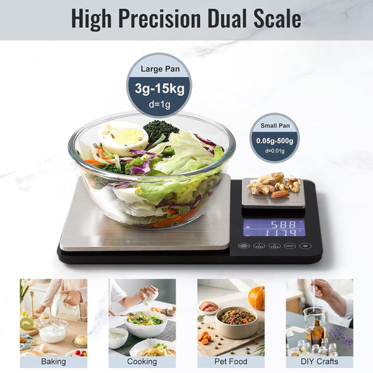 KitchenTour Dual Platform Digital Kitchen Food Scale, 0.001oz/33lb | Tare Function, 7 Units, Weight Summation, LCD Display, for Home Cooking Baking Meal Prep Sourdough Bread, Stainless Steel