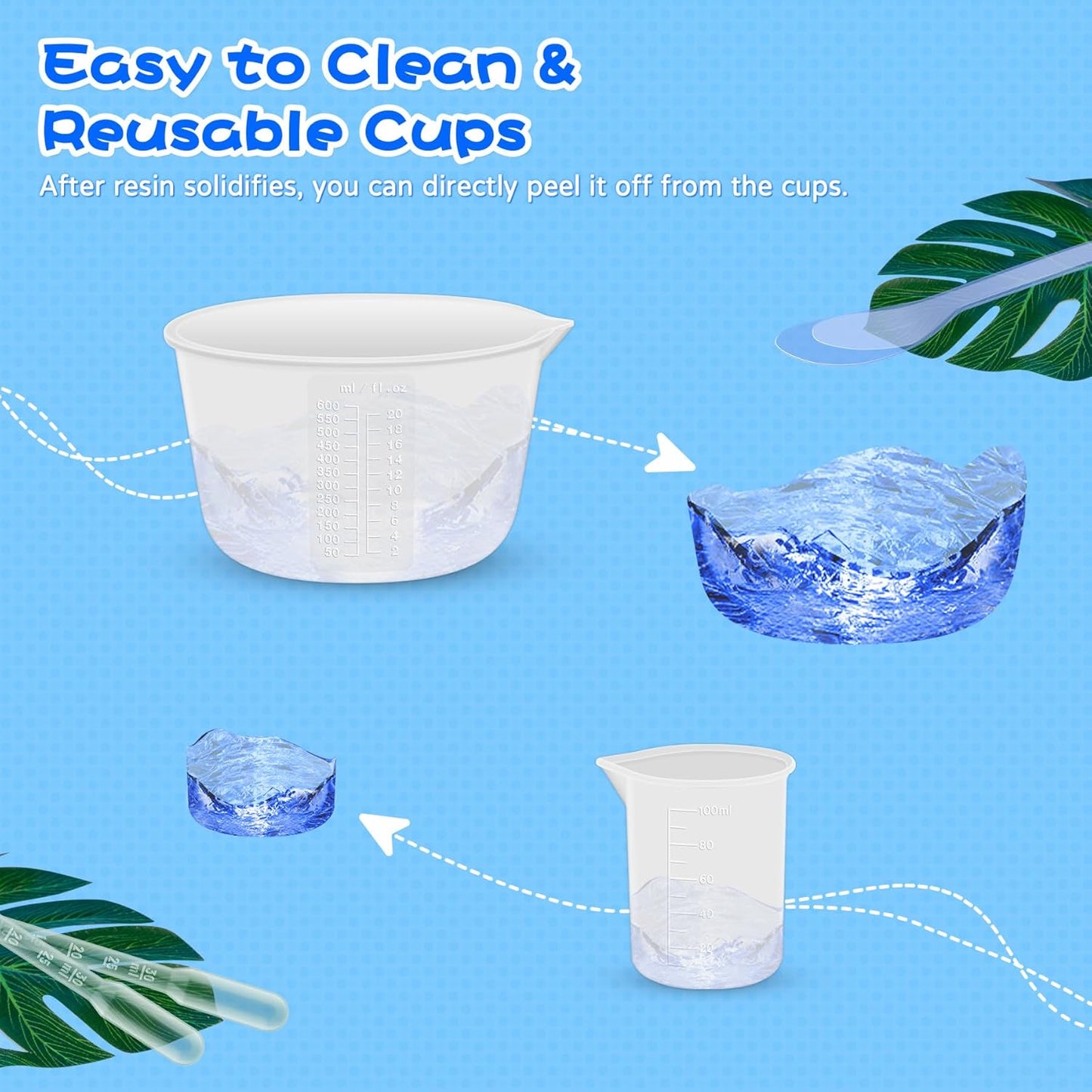 Silicone Resin Mixing Measuring Cups for Resin Supplies, Easy-to-read Marks, 600ml/20oz Bowl, 250&100ml Thickened Reusable Silicone Cups for Epoxy Mixing, with Stir Sticks, Jewelry Making