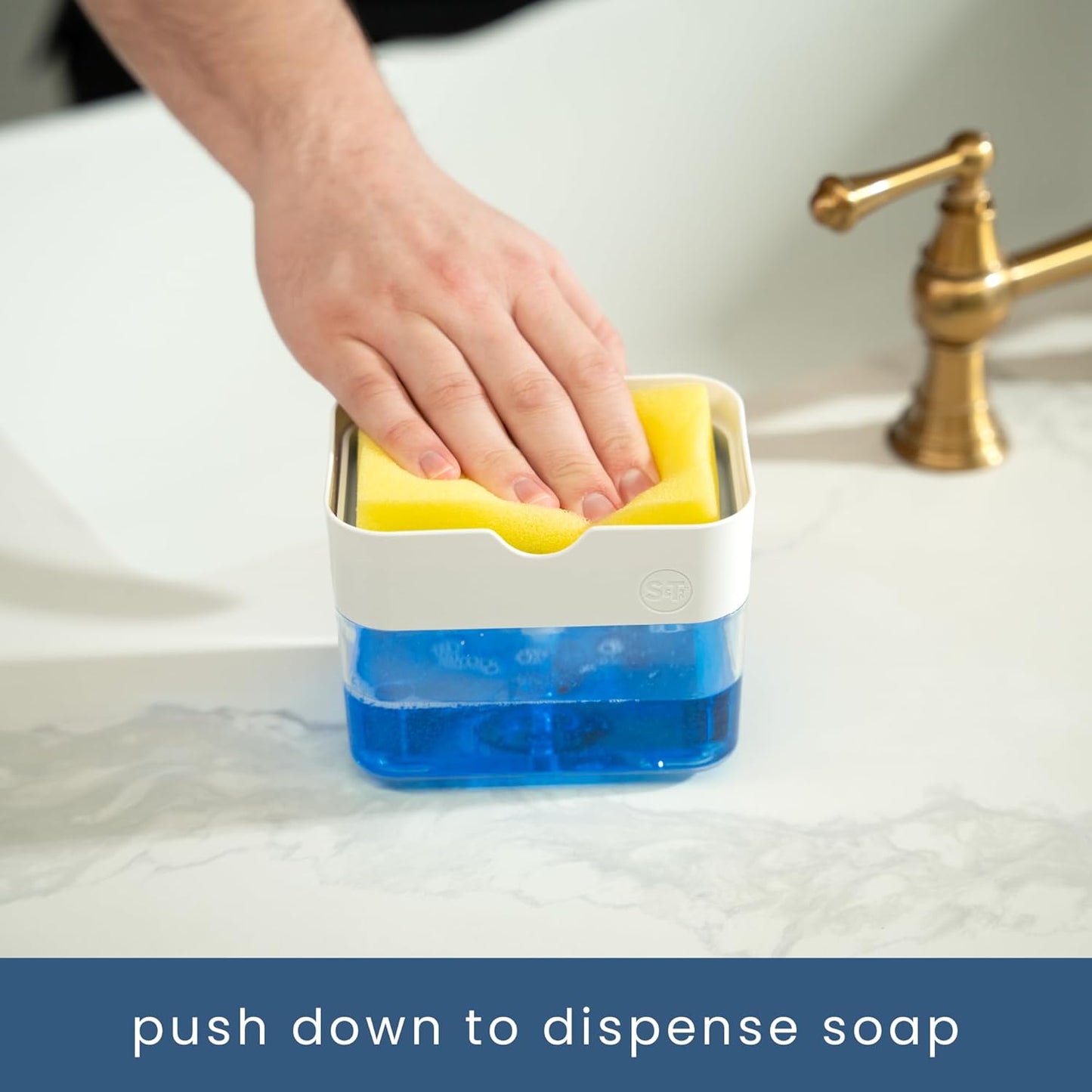 S&T INC. Dish Soap Dispenser and Sponge Holder for Kitchen Sink, Sponge Included, 13 Ounces, Metallic Silver