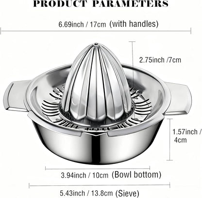 Citrus Lemon Orange Grapefruit Juicer Manual Squeezer 304 Stainless Steel Robust Hand Juicer Reamer Rotation Press with Strainer＆10oz Bowl, 2 Pour Spouts, Dishwasher Safe, Easy to Clean, Heavy Duty