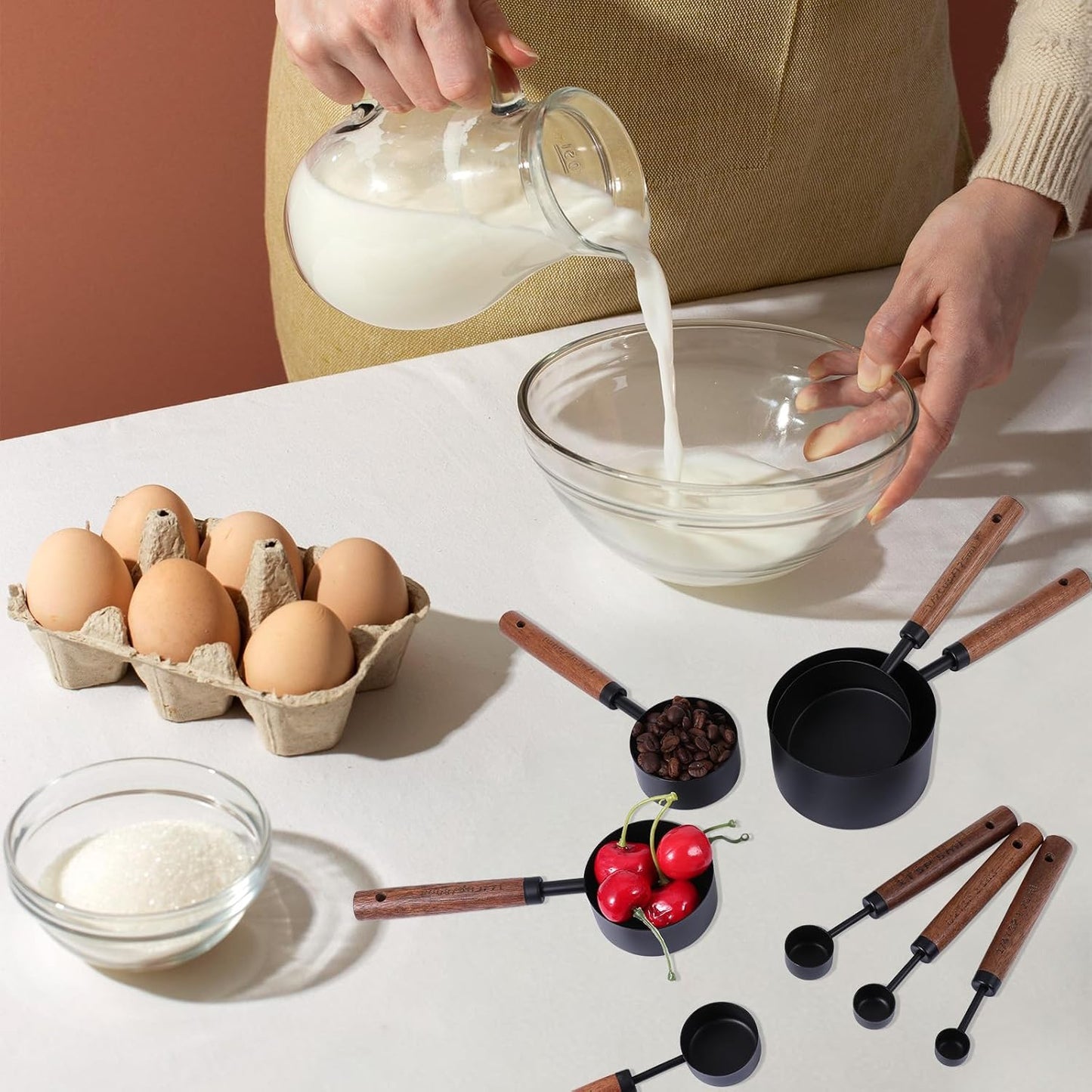 Stainless Steel Measuring Cups Set and Measuring Spoons Wooden Handle Metal Measure Cups and Spoons for Cooking and Baking, Gold, 8 Piece