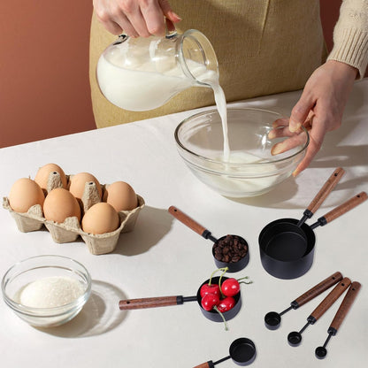 Stainless Steel Measuring Cups Set and Measuring Spoons Wooden Handle Metal Measure Cups and Spoons for Cooking and Baking, Gold, 8 Piece