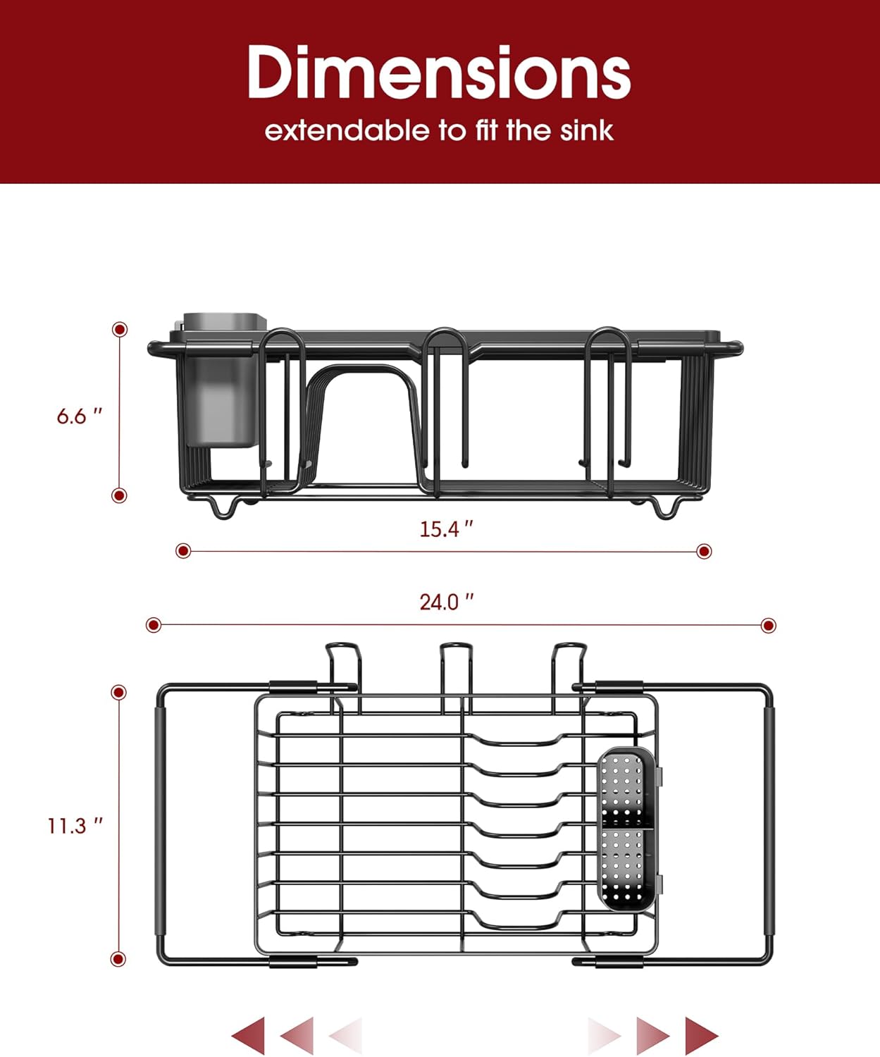 Sakugi Dish Drying Rack in Sink - Expandable Stainless Steel Dish Rack Over the Sink, Kitchen Sink Drain Strainer with Cutlery Holder & Cup Holders, 15.4 x 9.8 x 3.0 Inch, Silver