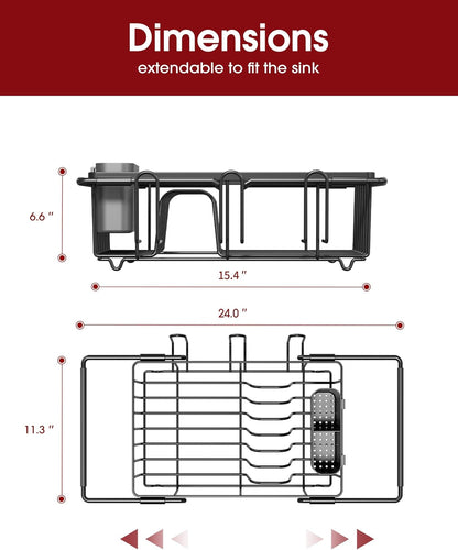 Sakugi Dish Drying Rack in Sink - Expandable Stainless Steel Dish Rack Over the Sink, Kitchen Sink Drain Strainer with Cutlery Holder & Cup Holders, 15.4 x 9.8 x 3.0 Inch, Silver