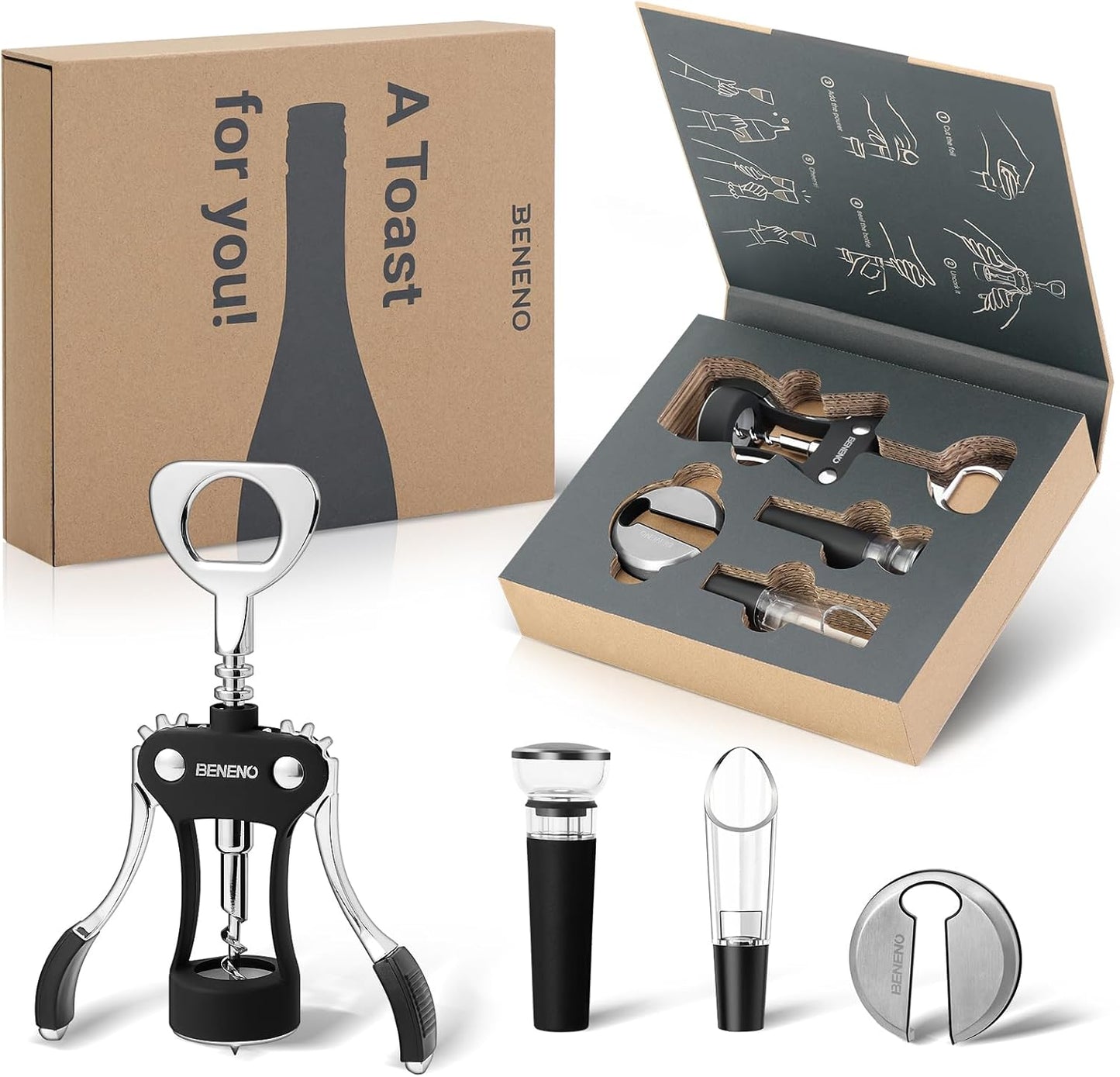 Beneno Wine Opener, Zinc Alloy Premium Wing Corkscrew with Multifunctional Bottles Opener, Sharp Wine Corkscrew with Ergonomic Non-Slip Wing Handle, Silver