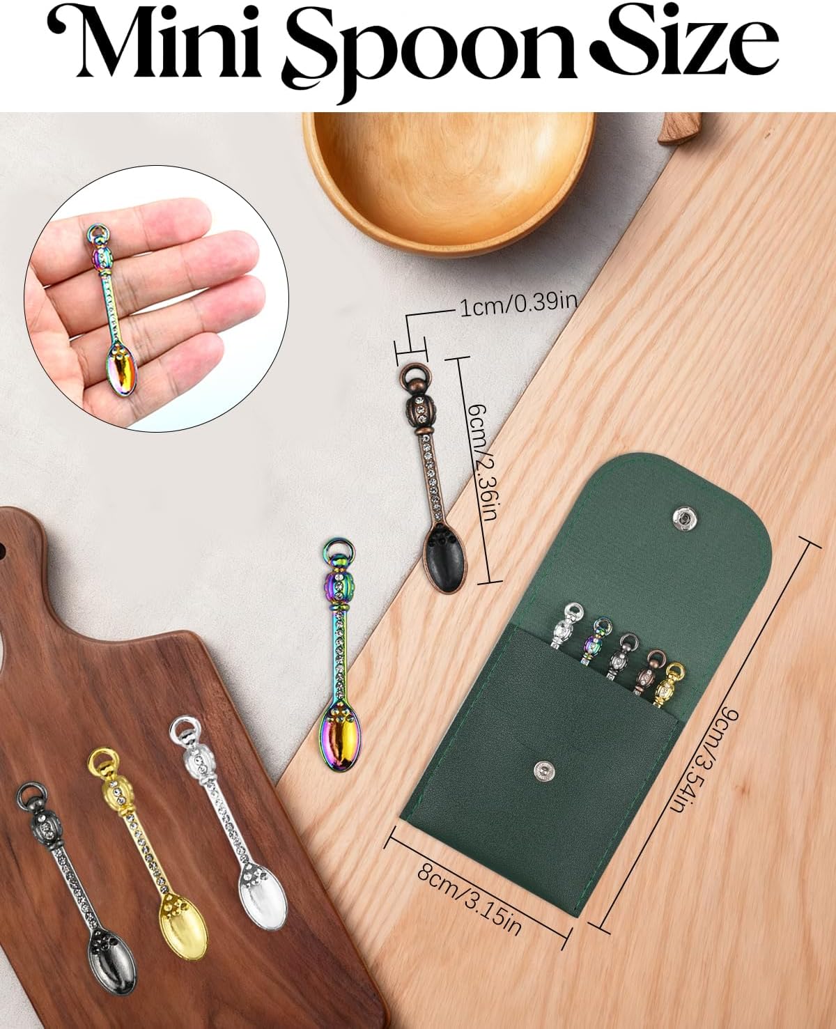 5PCS Mini Spoons with Storage Pouch, Metal Small Spoon for Medicine Spices, MultiColor Tiny Spoons for Kitchen Pendant Charms Necklace Keychains, Multi Functional Little Measuring Spoon (Mini Spoons)