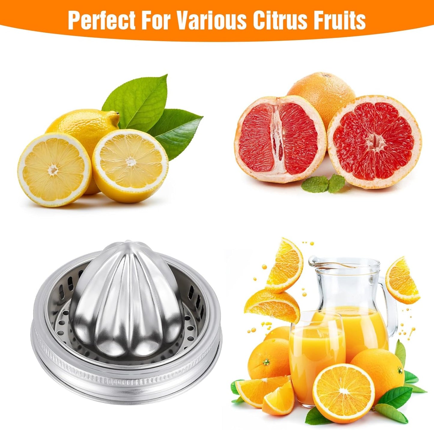 4 Pcs Mason Jar Juicer Lid 304 Stainless Steel Citrus Reamer Manual Citrus Squeezerr Juicers lids for Wide Mouth Accessories Supplies,Orange Grapefruit Lemon Juicer Hand Squeezer Top drinking lids