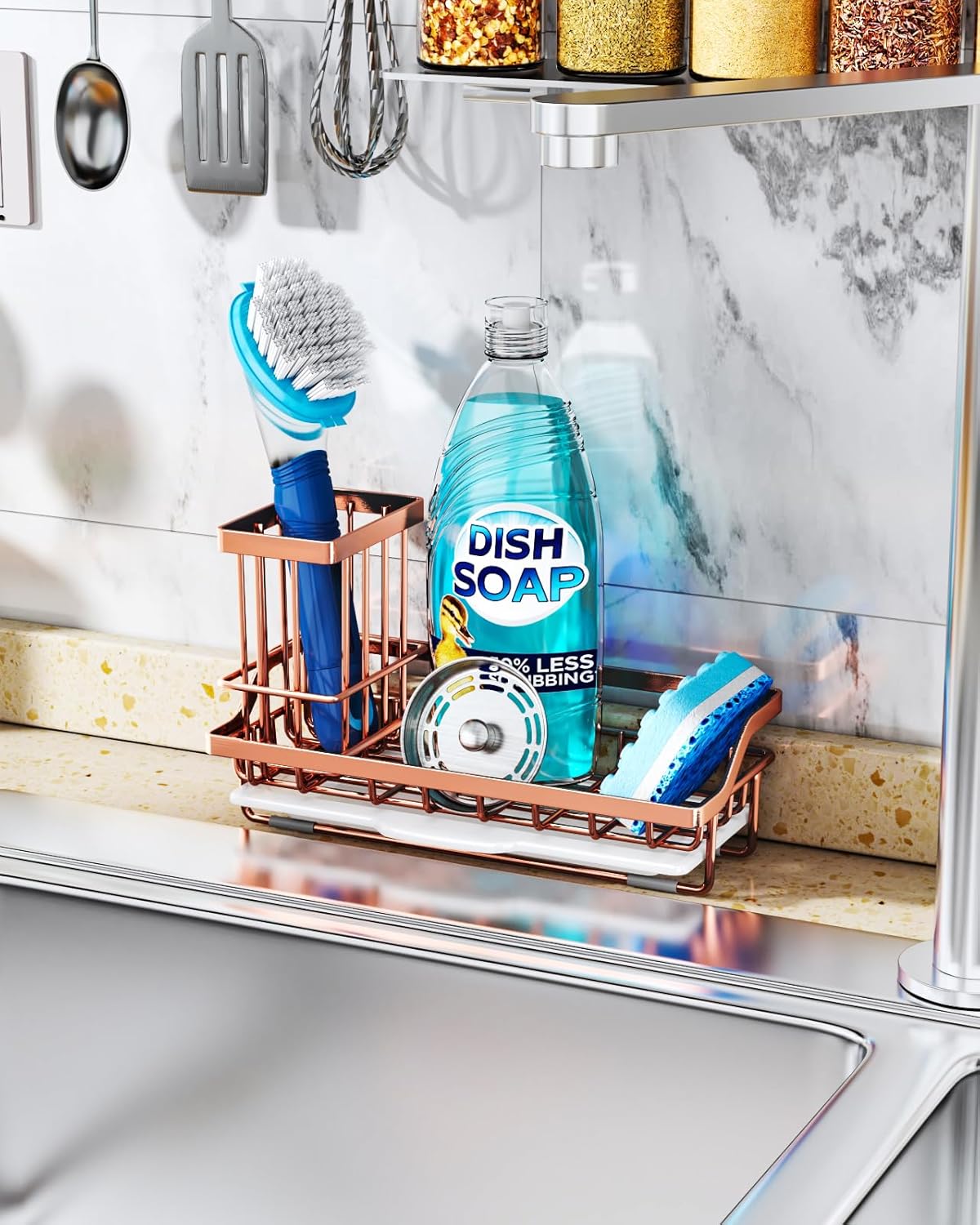 Consumest Sponge Holder for Kitchen Sink - Kitchen Sink Caddy Organizer with Removable Drip Tray for Countertop Dish Soap Dispenser Brush Storage Accessories 304 Stainless Steel - Black