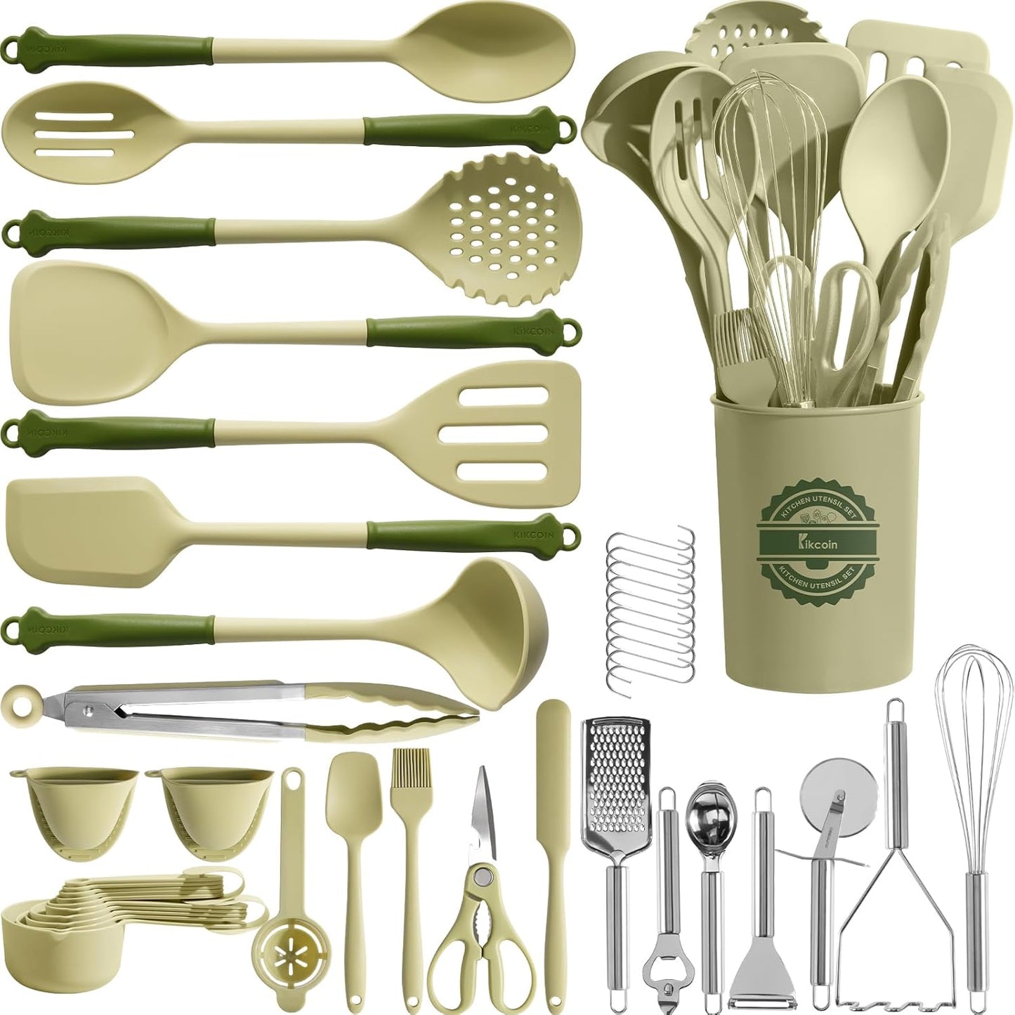 Kikcoin 43Pcs Large Kitchen Utensils Set - Silicone Cooking Utensils Set, Dishwasher Safe Spatula Set for Non-stick Cookware, 446°F Heat Resistant Kitchen Utensils Set with Holder BPA Free, Grey