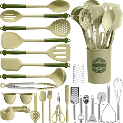 Kikcoin 43Pcs Large Kitchen Utensils Set - Silicone Cooking Utensils Set, Dishwasher Safe Spatula Set for Non-stick Cookware, 446°F Heat Resistant Kitchen Utensils Set with Holder BPA Free, Grey