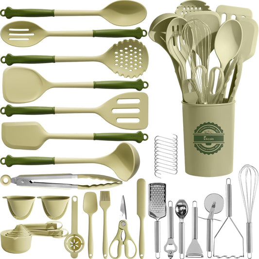 Kikcoin 43Pcs Large Kitchen Utensils Set - Silicone Cooking Utensils Set, Dishwasher Safe Spatula Set for Non-stick Cookware, 446°F Heat Resistant Kitchen Utensils Set with Holder BPA Free, Grey